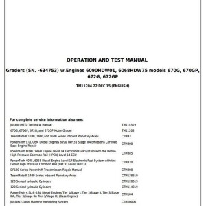 John Deere 670G 670GP 672G 672GP Motor Grader Diagnostic Operation Test Manual TM11204