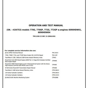 John Deere 770G 770GP 772G 772GP Motor Grader Diagnostic Operation Test Manual TM11206