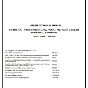 John Deere 770G 770GP 772G 772GP Motor Grader Repair Technical Manual TM11207