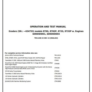 John Deere 870G 870GP 872G 872GP Motor Grader Operation Test Manual TM11208