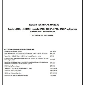 John Deere 870G 870GP 872G 872GP Motor Grader Repair Technical Manual TM11209