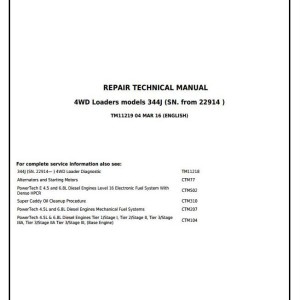 John Deere 344J 4WD Loader Repair Technical Manual TM11219