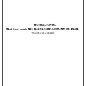 John Deere Z225 Z245 Z235 Z255 EZtrak Riding Lawn Residential Mower Diagnosis Repair Manual TM112919