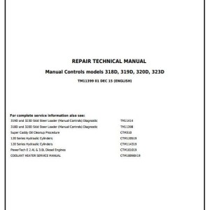 John Deere 318D 319D 320D 323D Skid Steer Loader Repair Technical Manual TM11399