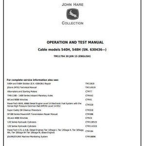 John Deere 540H 548H Cable Grapple Skidder Diagnostic Operation Test Manual TM11794