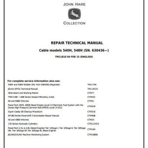 John Deere 540H 548H Cable Grapple Skidder Repair Technical Manual TM11810