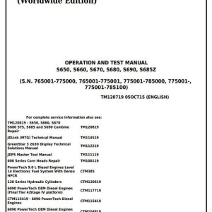 John Deere S650 S660 S670 S680 S685 S690 Combine Operation Test Manual TM120719