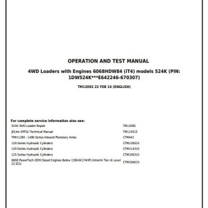 John Deere 524K 4WD Loader Operation Test Manual TM12093