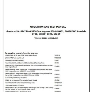 John Deere 670G 670GP 672G 672GP Motor Grader Diagnostic Operation Test Manual TM12136