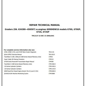 John Deere 670G 670GP 672G 672GP Motor Grader Repair Technical Manual TM12137