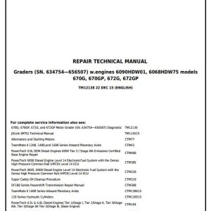 John Deere 670G 670GP 672G 672GP Motor Grader Repair Technical Manual TM12138