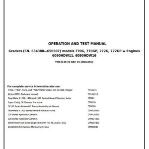 John Deere 770G 770GP 772G 772GP Motor Grader Diagnostic Operation Test Manual TM12139