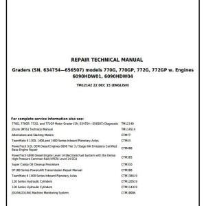 John Deere 770G 770GP 772G 772GP Motor Grader Repair Technical Manual TM12142