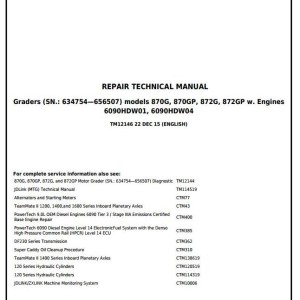 John Deere 870G 870GP 872G 872GP Motor Grader Repair Technical Manual TM12146