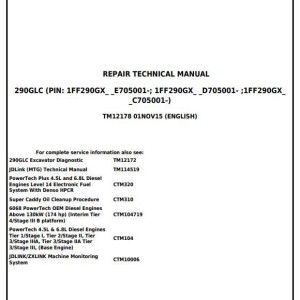 John Deere 290GLC Excavator Repair Technical Manual TM12178