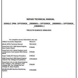 John Deere 350GLC Excavator Repair Technical Manual TM12179