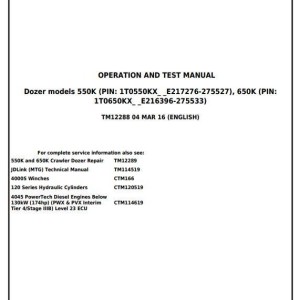 John Deere 550K 650K Crawler Dozer Operation Test Manual TM12288