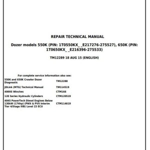 John Deere 550K 650K Crawler Dozer Repair Technical Manual TM12289