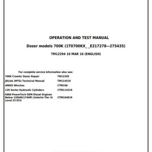 John Deere 700K Crawler Dozer Operation Test Manual TM12294