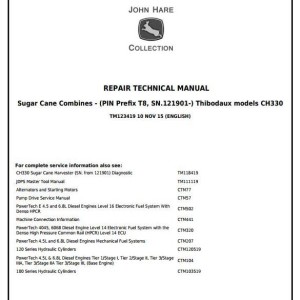 John Deere CH330 Sugar Cane Harvester Thibodaux Repair Technical Manual TM123419