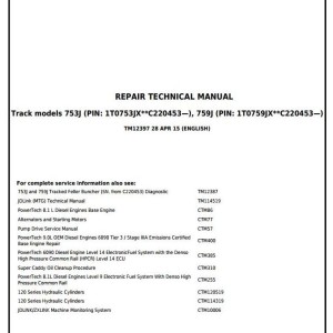 John Deere 753J 759J Tracked Feller Buncher Repair Technical Manual TM12397