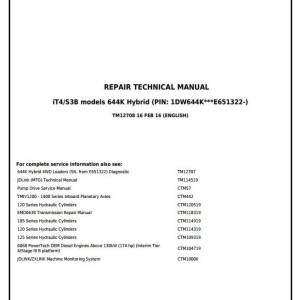 John Deere 644K Hybrid 4WD Loader Repair Technical Manual TM12708