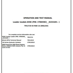 John Deere 655K Crawler Loader Diagnostic Operation Test Manual TM12720