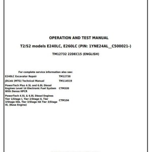 John Deere E240 E240LC E260LC Excavator Operation Test Manual TM12732