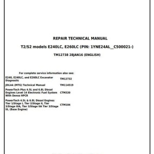 John Deere E240 E240LC E260LC Excavator Repair Technical Manual TM12738