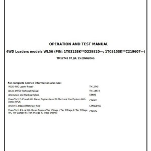 John Deere WL56 4WD Loader Diagnostic Operation Test Manual TM12741