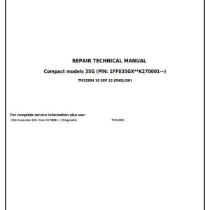 John Deere 35G Excavator Repair Technical Manual TM12894