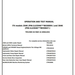 John Deere 204K 304K Compact Loader Diagnostic Operation Test Manual TM12985