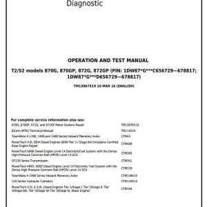 John Deere 870G 870GP 872G 872GP Motor Grader Diagnostic Operation Test Manual TM13067X19