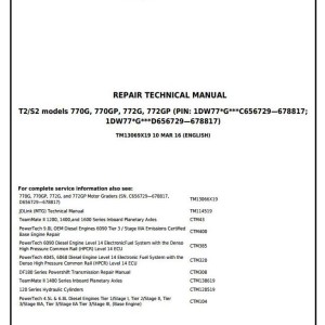 John Deere 770G 770GP 772G 772GP Motor Grader Repair Technical Manual TM13069X19