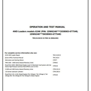 John Deere 624K 4WD Loader Operation Test Manual TM13115X19