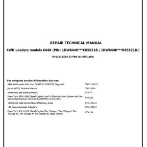 John Deere 644K 4WD Loader Repair Technical Manual TM13119X19