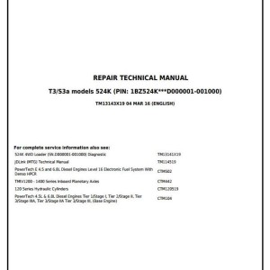 John Deere 524K 4WD Loader Repair Technical Manual TM13143X19