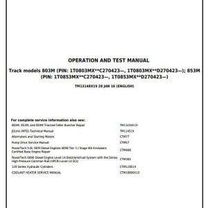 John Deere 803M 853M Closed-Loop Hyd.Drv Tracked Feller Buncher Operation Test Manual TM13148X19