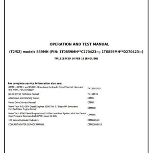 John Deere 859MH Tracked Harvester Diagnostic Operation Test Manual TM13183X1
