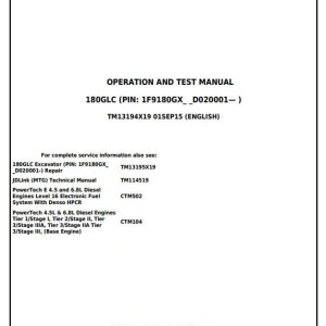 John Deere 180GLC Excavator Diagnostic Operation Test Manual TM13194X19