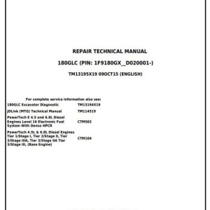 John Deere 180GLC Excavator Repair Technical Manual TM13195X19
