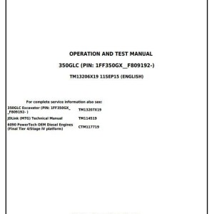 John Deere 350GLC Excavator Diagnostic Operation Test Manual TM13206X19