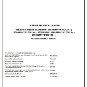 John Deere 803MH 853MH 859MH Tracked Harvester Repair Technical Manual TM13246X19