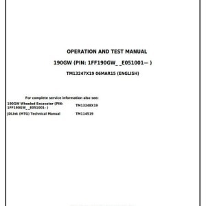 John Deere 190GW Wheeled Excavator Operation Test Manual TM13247X19