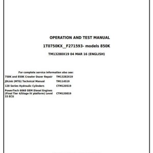 John Deere 750K 850K Crawler Dozer Diagnostic Operation Test Manual TM13280X19