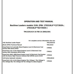 John Deere 310L Backhoe Loader Diagnostic Operation Test Manual TM13291X19