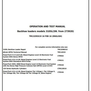 John Deere 310SL Backhoe Loader Diagnostic Operation Test Manual TM13295X19