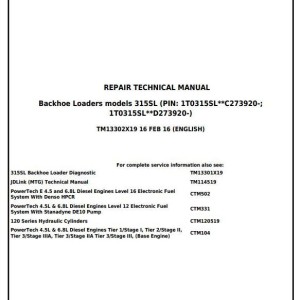 John Deere 315SL Backhoe Loader Repair Technical Manual TM13302X19