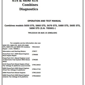 John Deere S650STS S660STS S670STS S680STS S685STS S690STS Combine Diagnostic Operation Test Manual TM133319