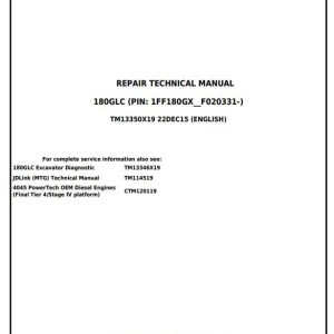 John Deere 180GLC Excavator Repair Technical Manual TM13350X19